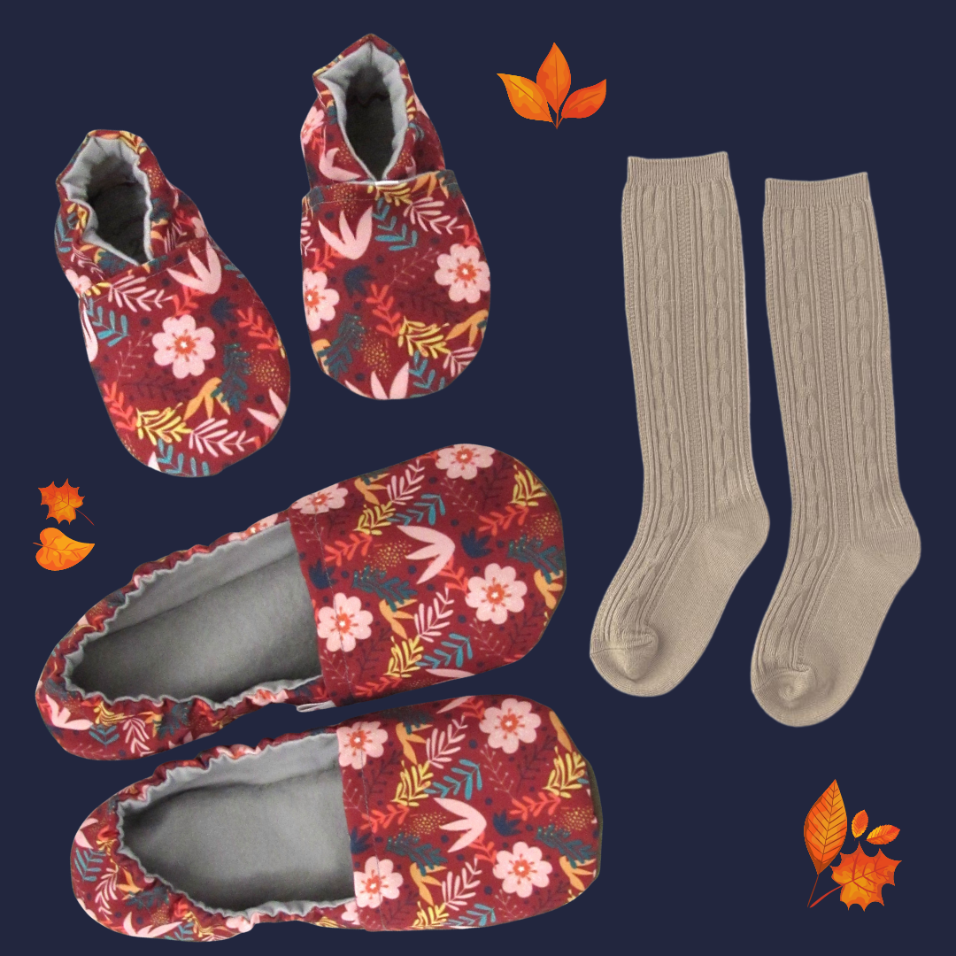 Rust Floral Fall Cabooties Baby and Toddler Shoes, Mommy Slippers, and Oat Little Stocking Co Knee High Cable Knit Socks
