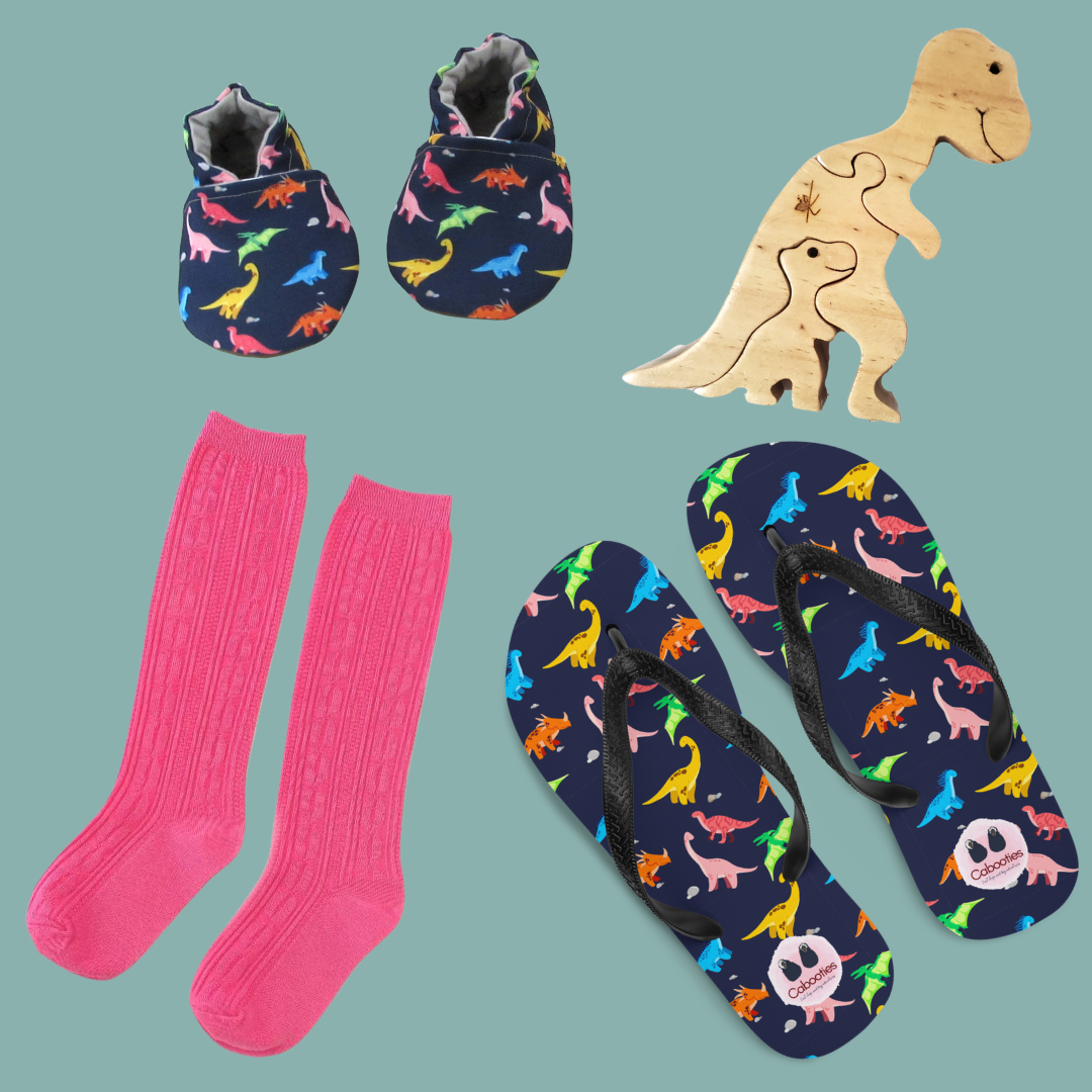 Rainbow Dino Baby Shoes, Hot Pink Toddler Socks, Kaspi Land Mommy Dino Puzzle, Adult Flip Flops