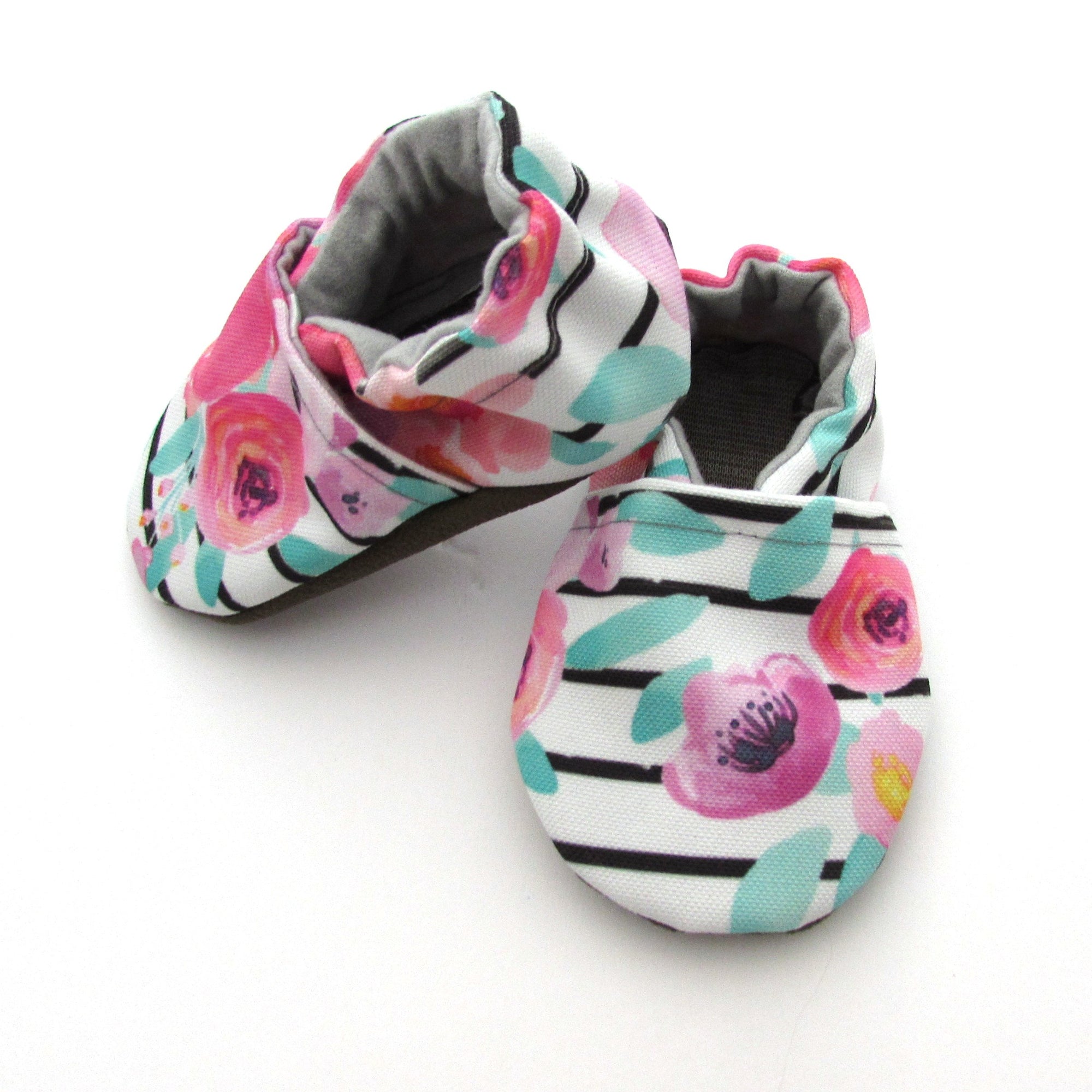 Floral Stripe Washable Eco-Canvas Baby Shoes that don't fall off