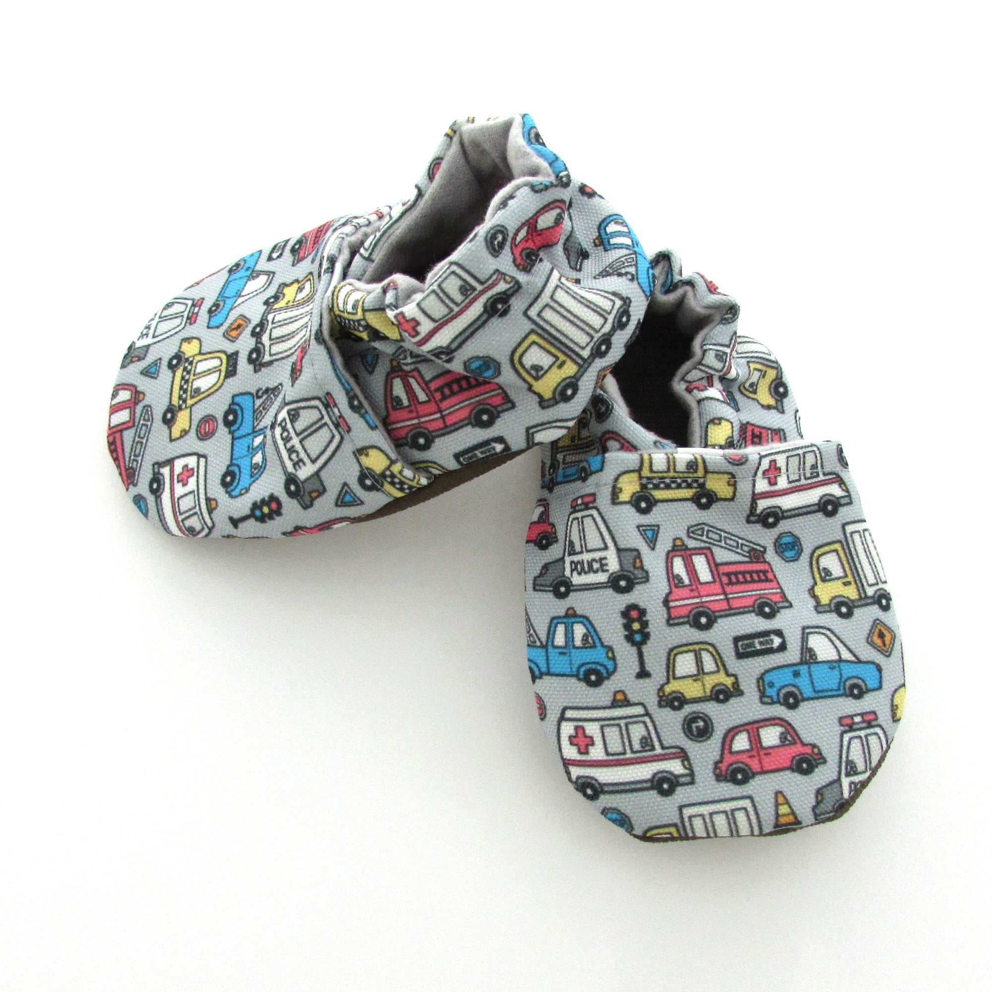 Police cars, fire trucks, ambulances, taxis, tow trucks and more vehicles on blue-grey Eco-Canvas Vegan Baby and Toddler Shoes