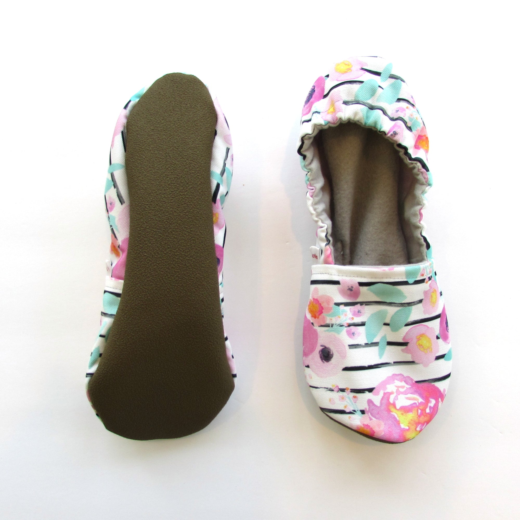 Floral Stripe Women's Slippers on White Eco Canvas - Mommy and Me