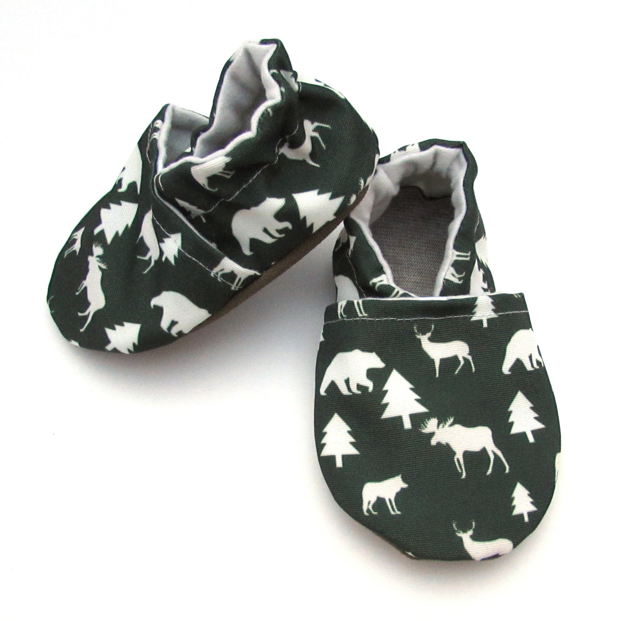 Winter Woods Hunter Green and White Washable Soft Sole Baby and New Walker Shoes